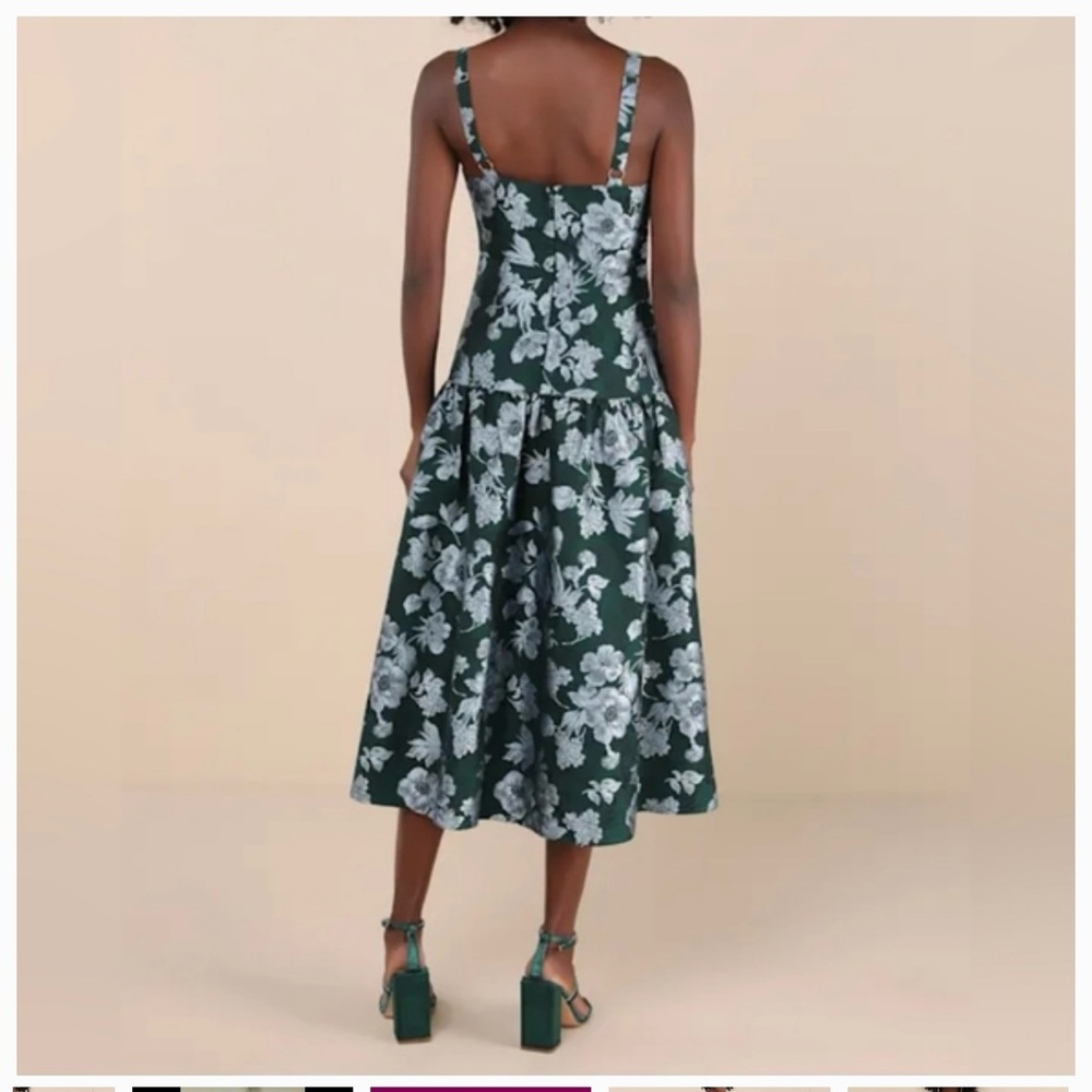 Lulu’s Major Flirtation Emerald Floral Jacquard Drop Waist Midi Dress - Picture 3 of 7